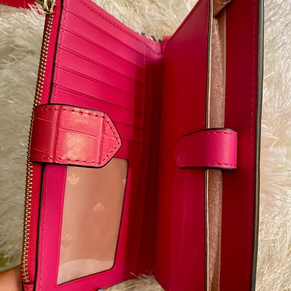 Kate Spade Staci Phone Wallet Wristlet Croc Embossed Bold Pink NWT - Picture 2 of 5